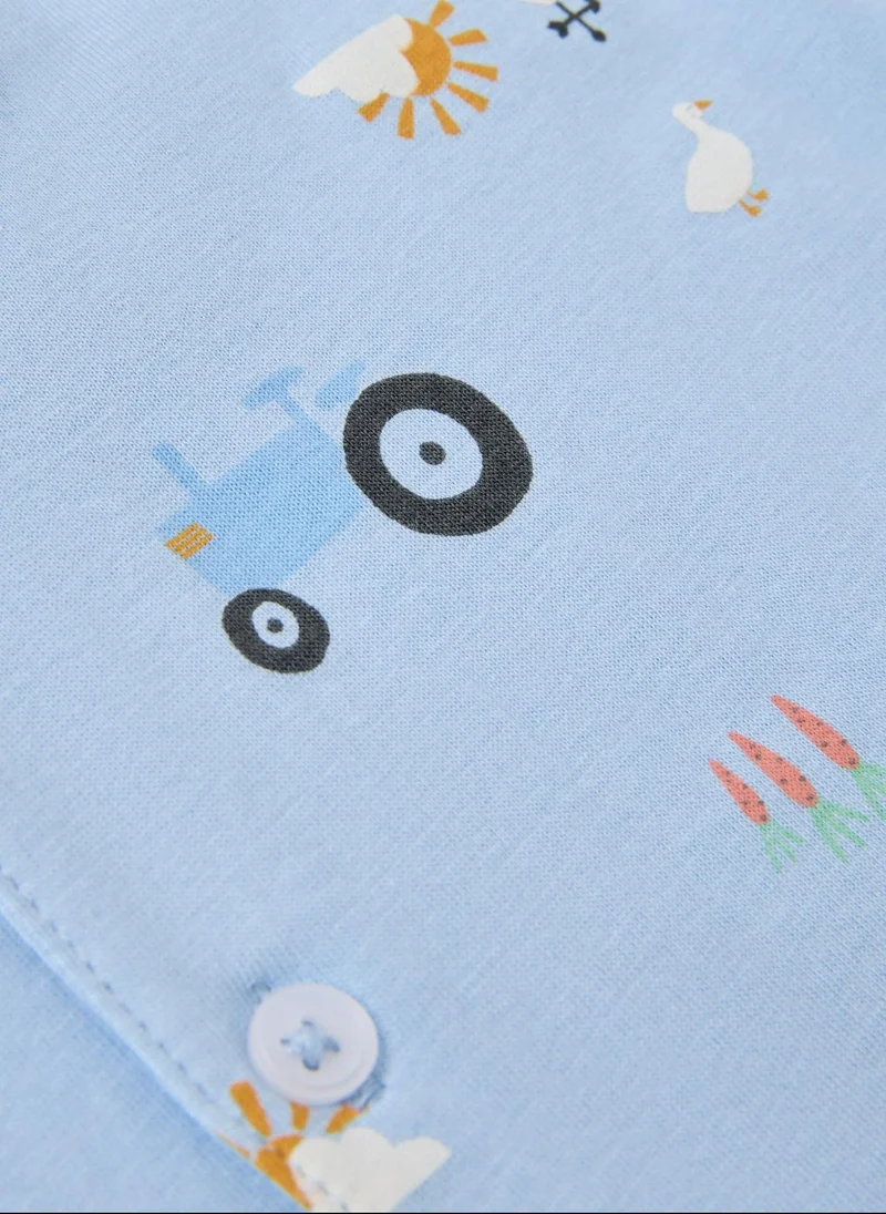 ماتلان طقم بيجامة أطفال قصيرة زرقاء بنقشة مزرعة بأزرار