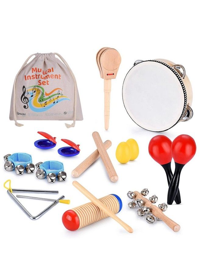 Boxiki kids مجموعة آلات موسيقية مكونة من 16 قطعة تعليمية وموسيقية للأطفال مع طنبورة وماراكاس وكاستانيت وأكثر لتطوير المهارات الحركية الدقيقة للأطفال من 3 سنوات فما فوق - Image 1