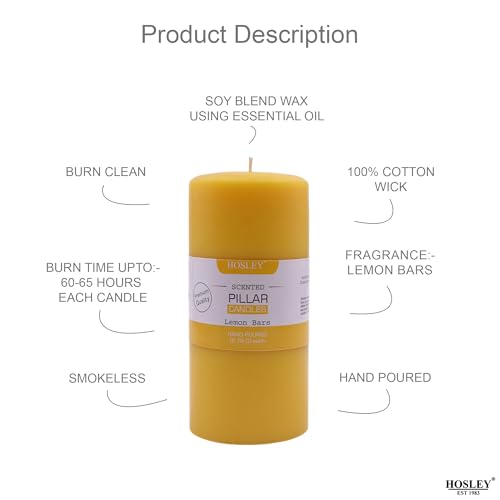 HOSLEY 6 Inch Long Lemon Bar Fragrance Yellow Pillar Candles| Soy & Paraffin Wax Candles for Home Decor, Party, Wedding, Gifting|90 Hours Burn Time|2.75 Inch Diameter|Pack of 1 - Image 4