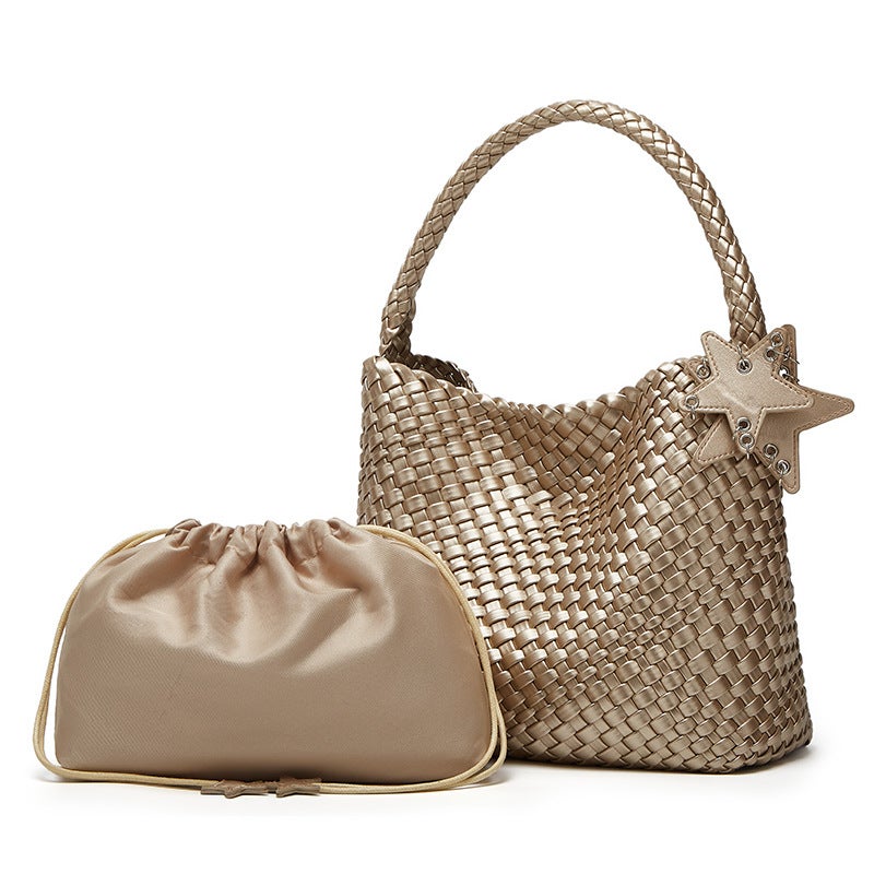 New Fashion Niche Design Textured Woven Bucket Bag Women'S Satchel Shoulder Bag Large Capacity Bags - Image 1