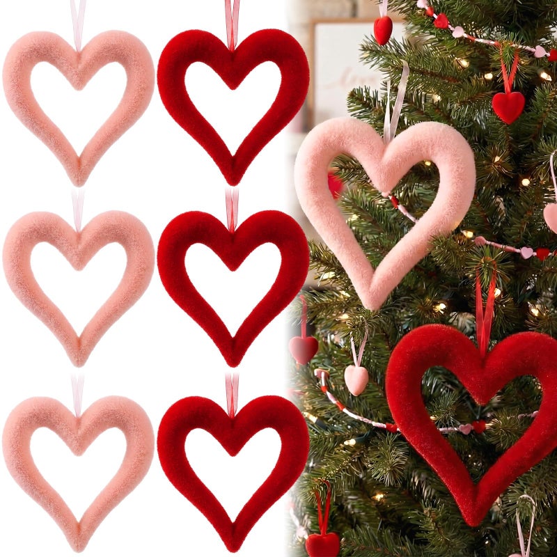 Lineshading 6 Pcs Large Heart Ornaments for Valentines 10'' 3D Glitter Heart Hanging Ornament for Tree Wreath Door Home Window Valentine's Day Wedding Holiday Decor(Red and Pink,Flocked) - Image 1