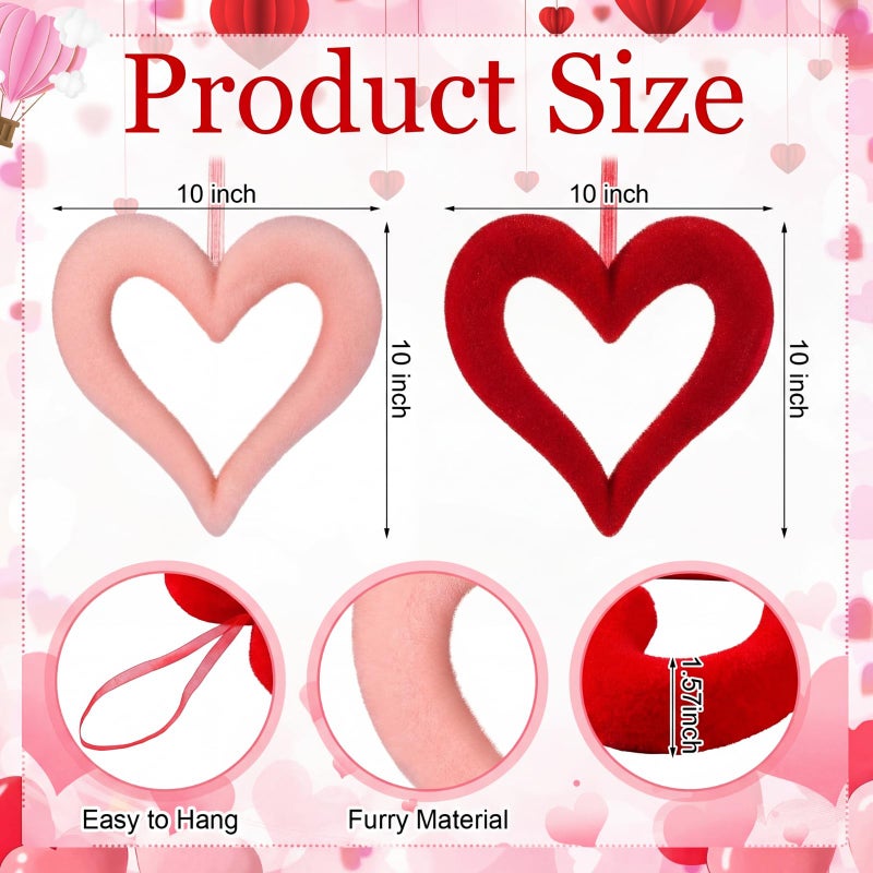 Lineshading 6 Pcs Large Heart Ornaments for Valentines 10'' 3D Glitter Heart Hanging Ornament for Tree Wreath Door Home Window Valentine's Day Wedding Holiday Decor(Red and Pink,Flocked) - Image 2