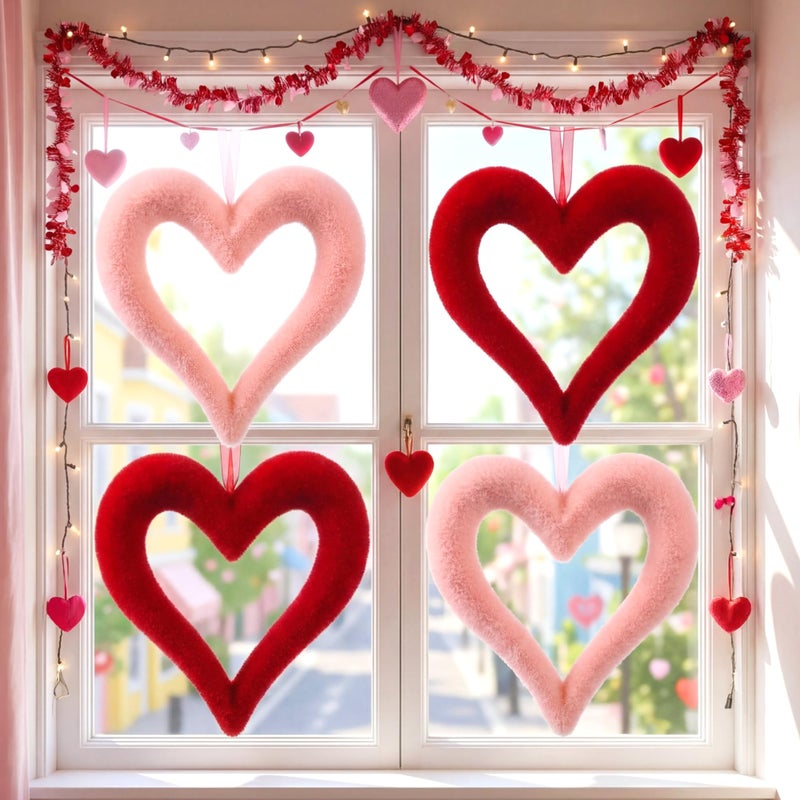 Lineshading 6 Pcs Large Heart Ornaments for Valentines 10'' 3D Glitter Heart Hanging Ornament for Tree Wreath Door Home Window Valentine's Day Wedding Holiday Decor(Red and Pink,Flocked) - Image 3