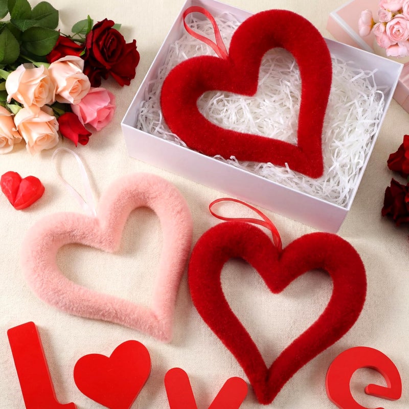 Lineshading 6 Pcs Large Heart Ornaments for Valentines 10'' 3D Glitter Heart Hanging Ornament for Tree Wreath Door Home Window Valentine's Day Wedding Holiday Decor(Red and Pink,Flocked) - Image 4