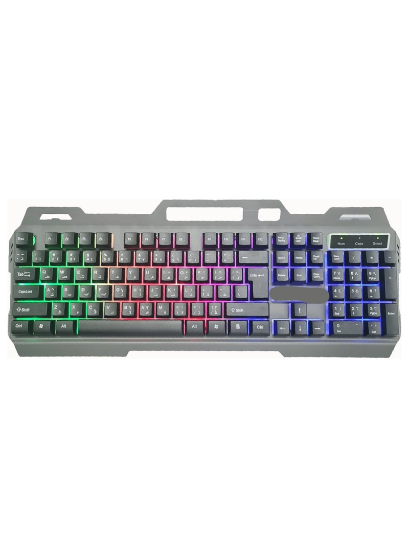 Gaming Keyboard – 104 Keys, Rainbow LED Backlight, Arabic & English Layout, Metal-Top Design, Comfortable Typing, Black  - Image 1