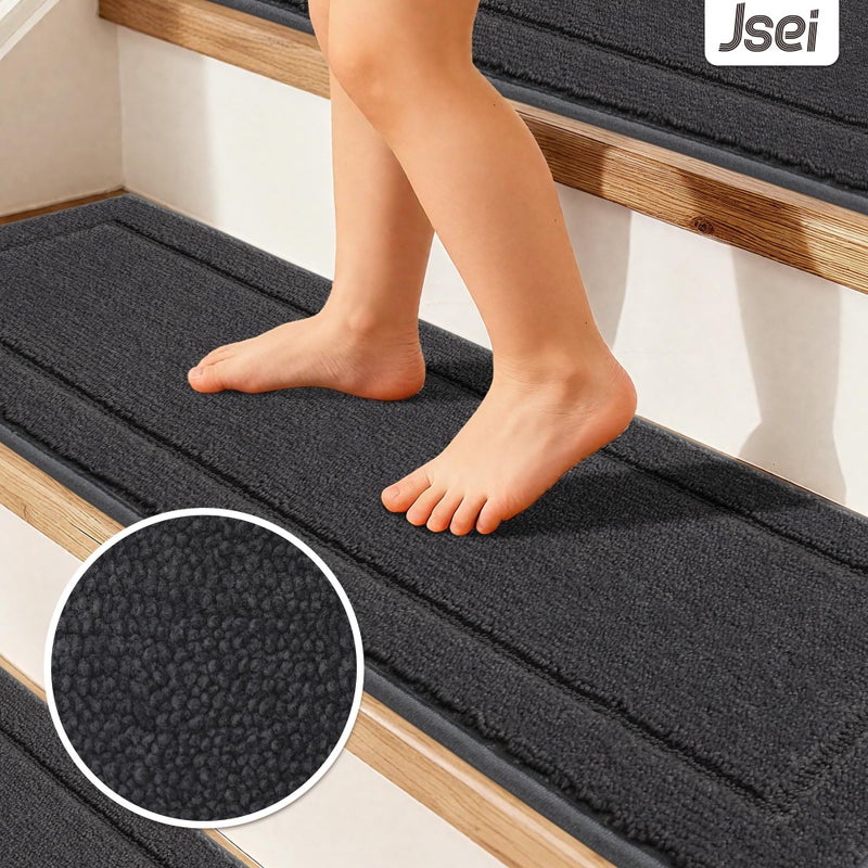 JSEI Non-Slip Stair Treads for Wooden Steps Indoor, 15 Pack 8" X 30" Edging Stair Rugs with TPE Backing, Carpet Stair Treads for Kids Elders & Pets, 100% Polyester Soft Stair Runners, Dark Grey - Image 3