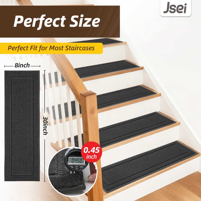 JSEI Non-Slip Stair Treads for Wooden Steps Indoor, 15 Pack 8" X 30" Edging Stair Rugs with TPE Backing, Carpet Stair Treads for Kids Elders & Pets, 100% Polyester Soft Stair Runners, Dark Grey - Image 2