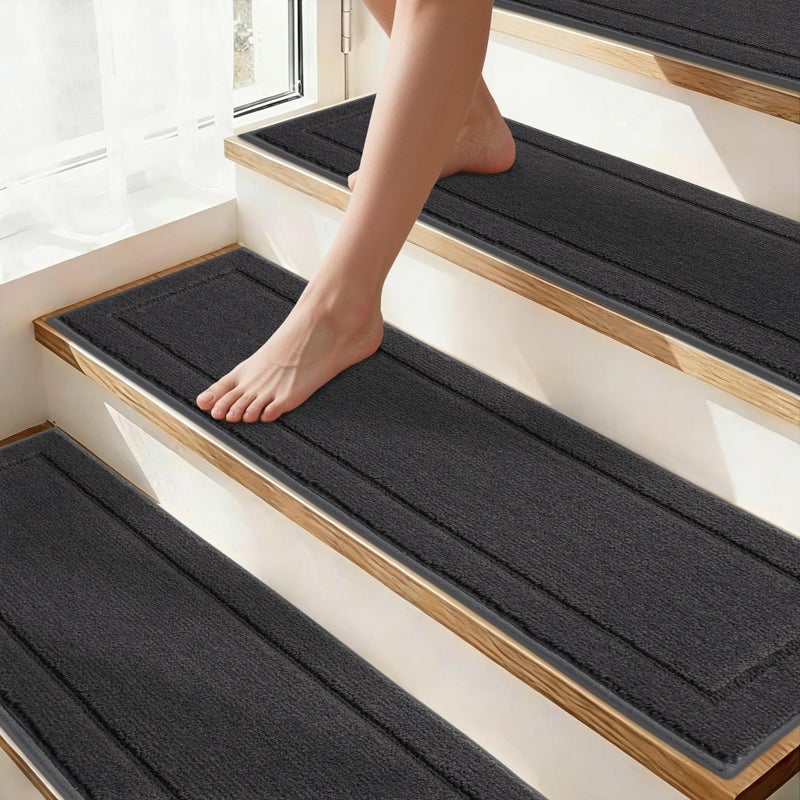 JSEI Non-Slip Stair Treads for Wooden Steps Indoor, 15 Pack 8" X 30" Edging Stair Rugs with TPE Backing, Carpet Stair Treads for Kids Elders & Pets, 100% Polyester Soft Stair Runners, Dark Grey - Image 1