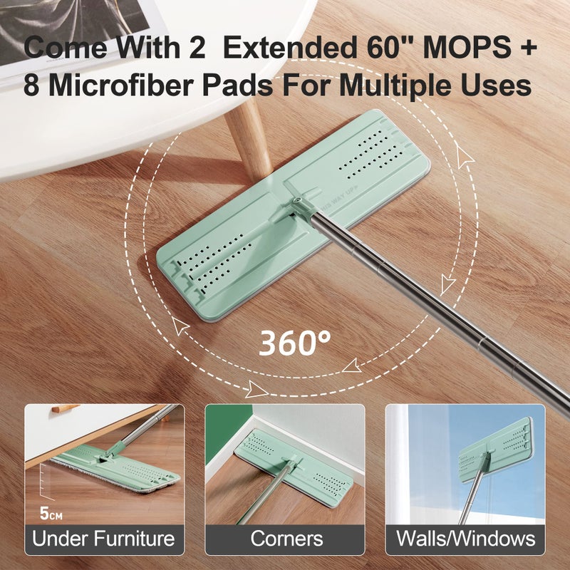 JOYMOOP Mop and Bucket with Wringer Set for Floor Cleaning and Wall Cleaner, Flat Mop and Bucket System Set with 2 Mops and 8 Large Microfiber Pads - Green - Image 5