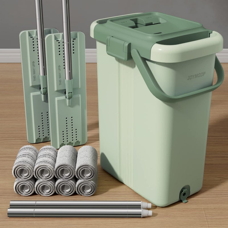 JOYMOOP Mop and Bucket with Wringer Set for Floor Cleaning and Wall Cleaner, Flat Mop and Bucket System Set with 2 Mops and 8 Large Microfiber Pads - Green - Image 1