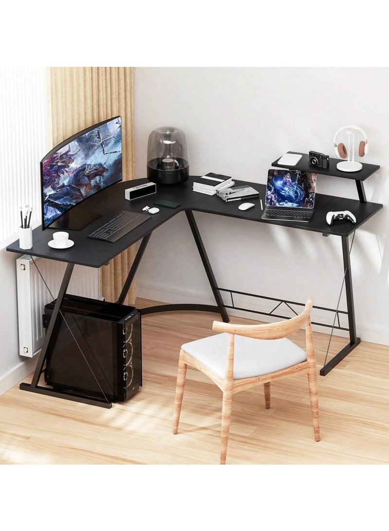 ZUIHAO L Shape Computer Desk with Storage Shelf Study Writing Table for Home Office, Modern Simple Style PC Desk, Black Metal Frame, Rural retr - Image 1