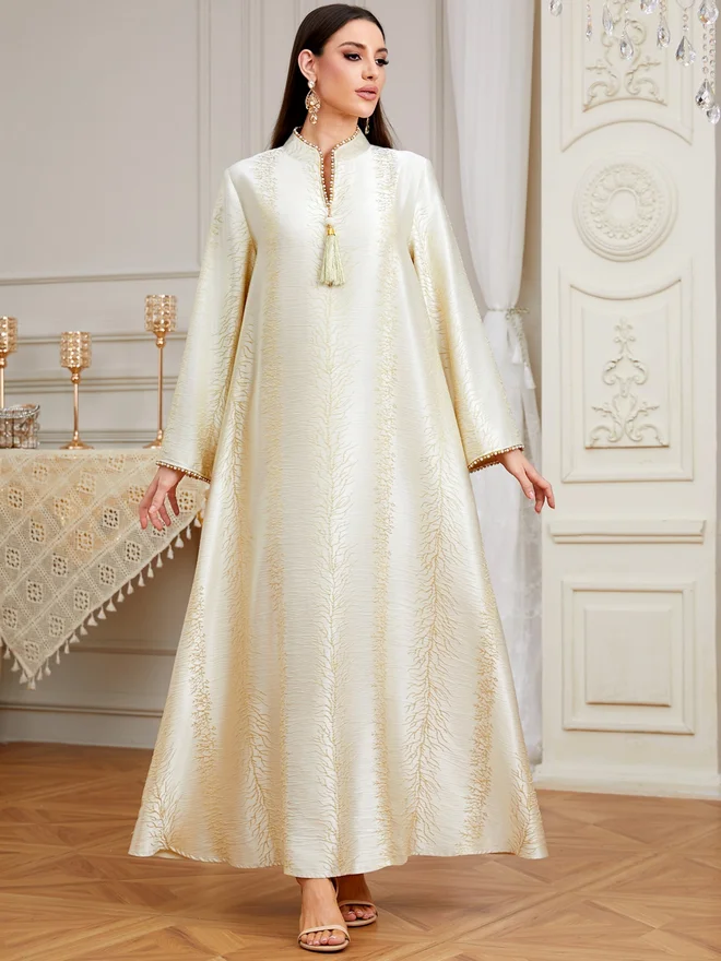 Take Two Beige Textured Tassel Detail A-Line Jalabiya