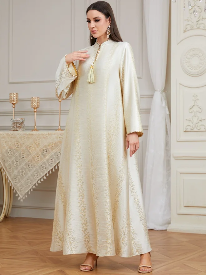 Take Two Beige Textured Tassel Detail A-Line Jalabiya