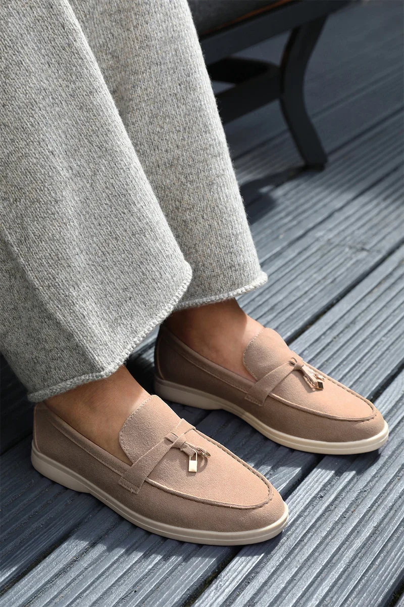 Where's That From Pegasus Slip On Trim Loafers With Accessory Detailing In Khaki Suede