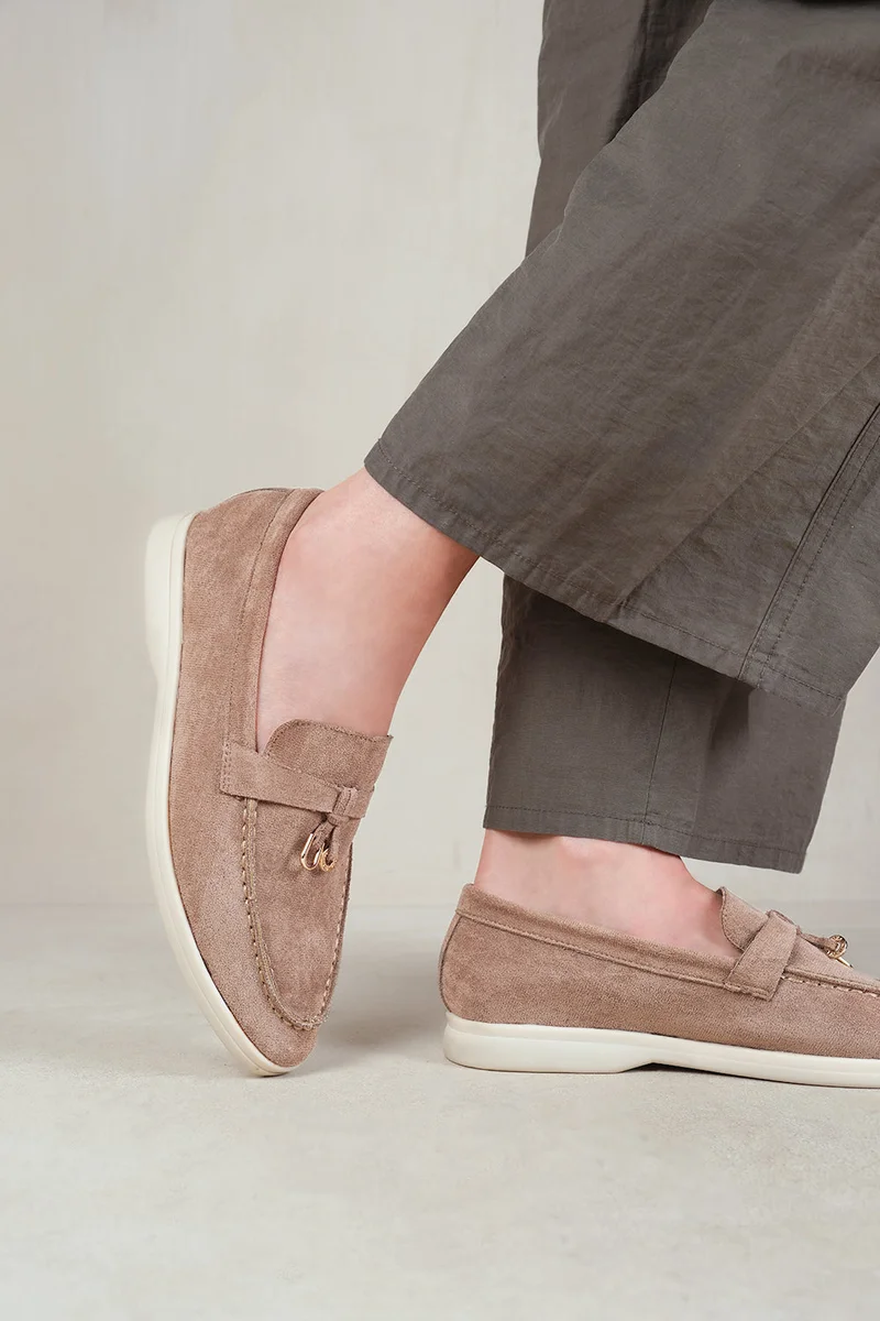 Where's That From Pegasus Slip On Trim Loafers With Accessory Detailing In Khaki Suede