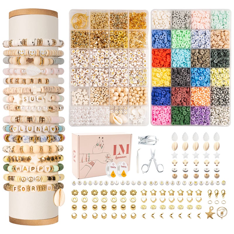 Lynnmos Clay Beads 8000 Pcs 2 Boxes Bracelet Making Kit  24 Colors Polymer Clay Beads for Bracelet Making Set  Heishi Disc Beads for Jewelry Making kit with Charms and Gift Pack for Girls