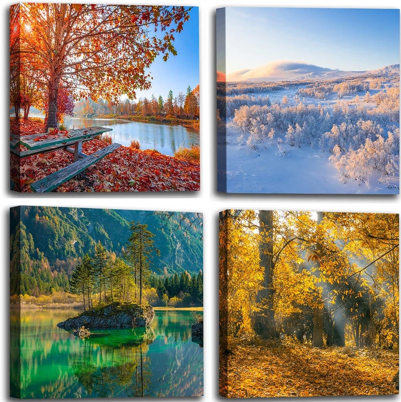 OKEXCKK Four Seasons Landscape Canvas Wall Art Decor - Spring Summer Autumn Winter Colorful Tree Painting Modern Nature Forest Prints Artwork Picture for Bathroom Office Decoration - Image 1