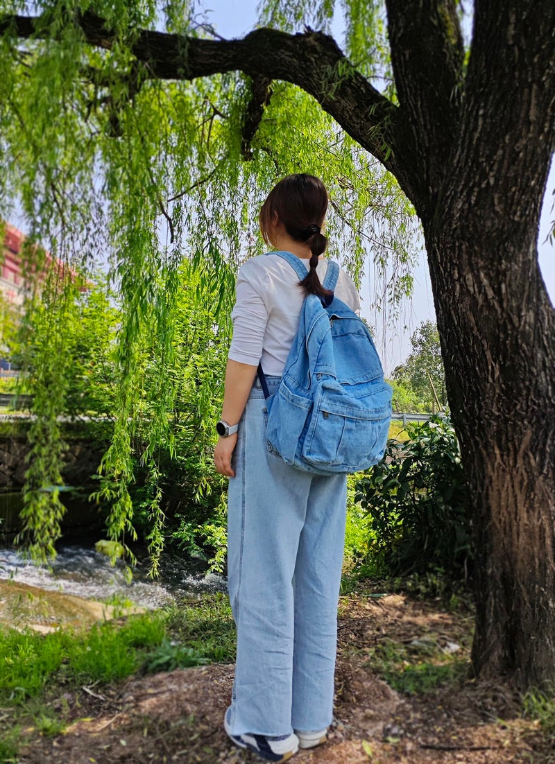 YunZh Denim Backpack Casual Style Lightweight Jeans Backpacks Classic Retro Travel Daypack - Image 2