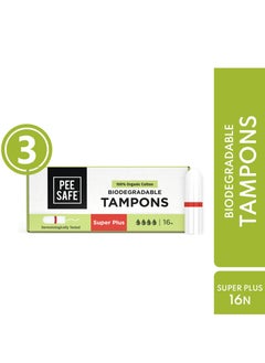 PEESAFE PeeSafe 100% Organic Cotton Tampons, Comfortable & Stain-Free, Biodegradable, Dermatologically tested, Very heavy flow Super Plus size, 16 tampons Pack Of 3  - Image 1