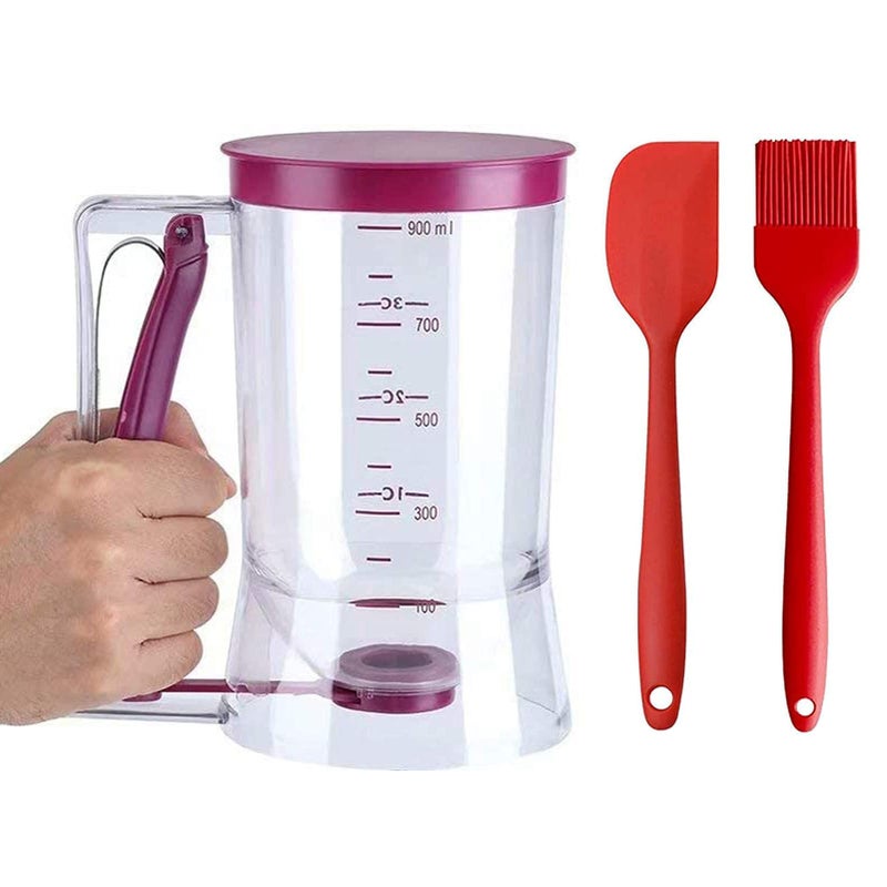 PCTC 4 Cup Pancake Cupcake Batter Dispense, 900mL Pancake Dispenser For Batter With Measuring Label Squeeze Handle Bracket and Silicone food brush for Cupcakes Crepes, Cake or Any Baked Goods - Image 1