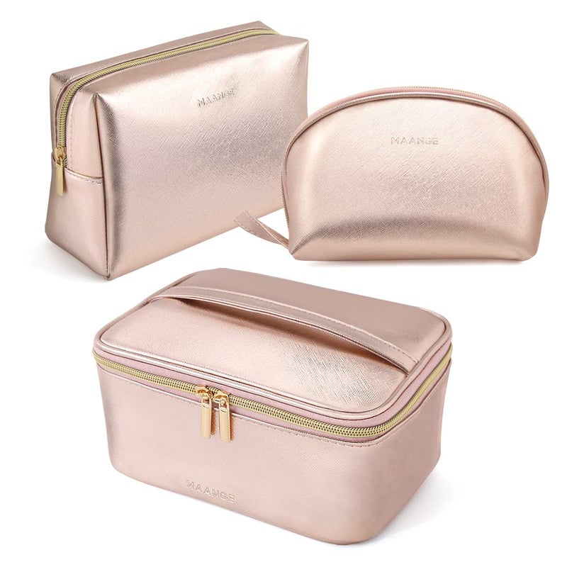 MAANGE 3 Pcs Makeup Bag Portable Travel Cosmetic Bag Large Makeup Bag Organizer with Gold Zipper Waterproof Toiletry Bags for Women and Girls(Rose Gold) - Image 1