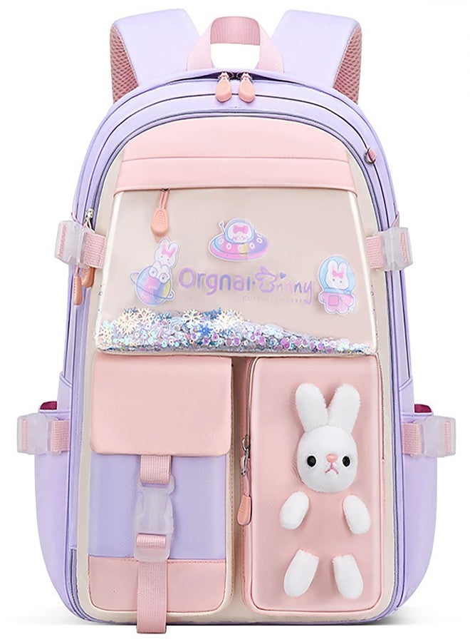 MCWTH School Backpack for Girls, Lightweight Waterproof Cute Bunny School Bookbag for Teen Kids Students Elementary (Rabbit Purple) - Image 1