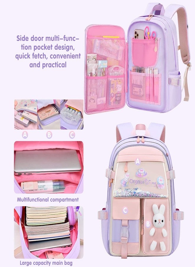 MCWTH School Backpack for Girls, Lightweight Waterproof Cute Bunny School Bookbag for Teen Kids Students Elementary (Rabbit Purple) - Image 4