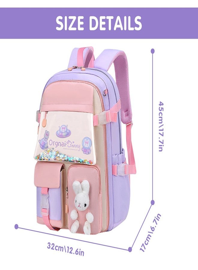 MCWTH School Backpack for Girls, Lightweight Waterproof Cute Bunny School Bookbag for Teen Kids Students Elementary (Rabbit Purple) - Image 2