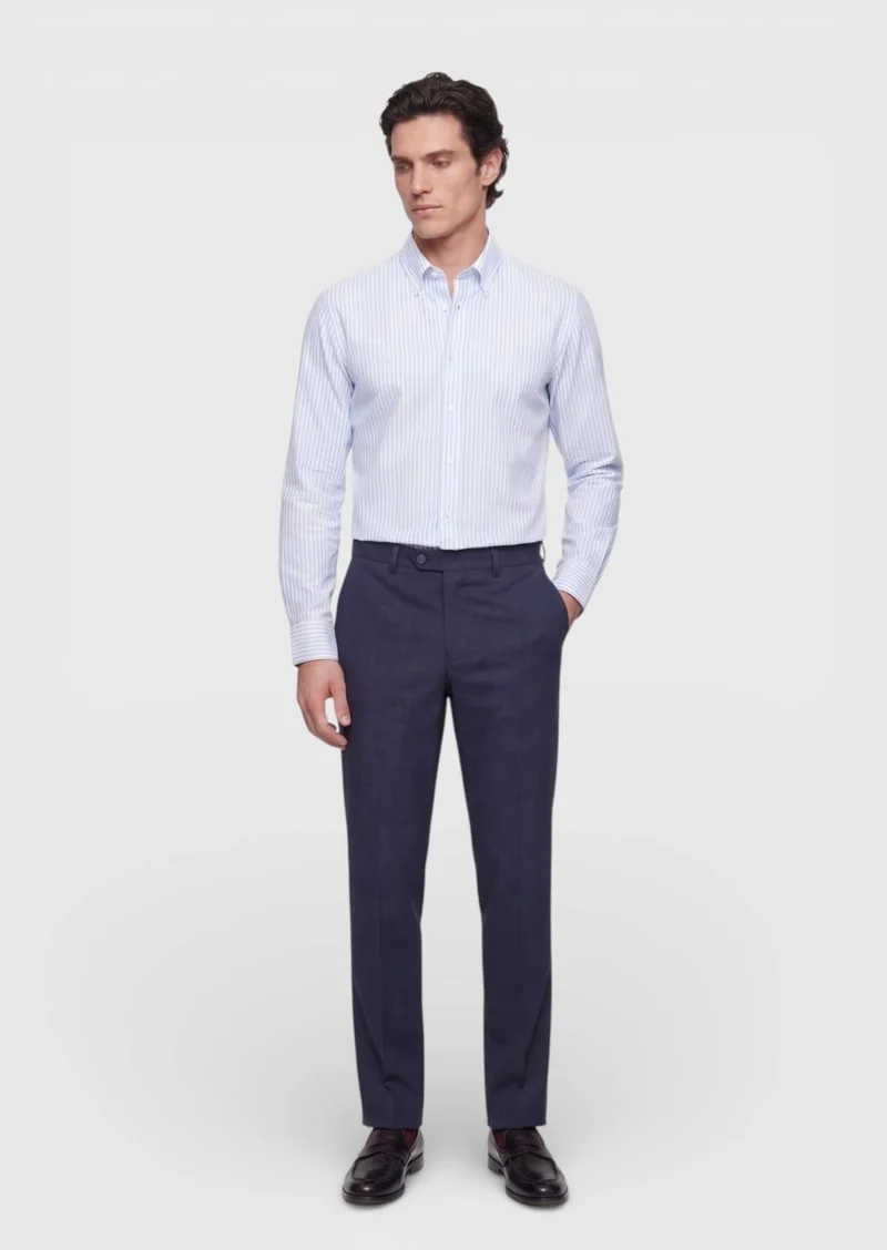 RAMSEY Blue Striped Regular Fit Long Weaving Classical 100% Cotton Shirt