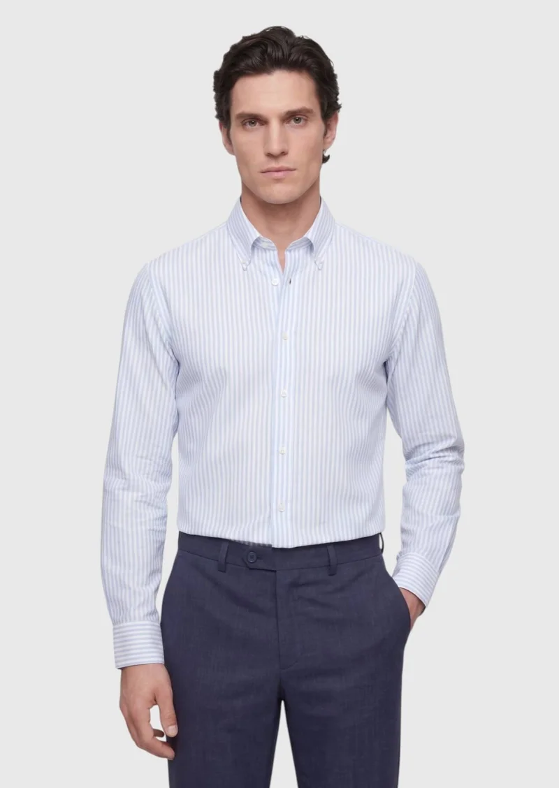 RAMSEY Blue Striped Regular Fit Long Weaving Classical 100% Cotton Shirt