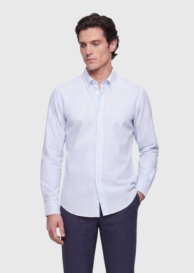 RAMSEY Blue Striped Regular Fit Long Weaving Classical 100% Cotton Shirt - Image 4