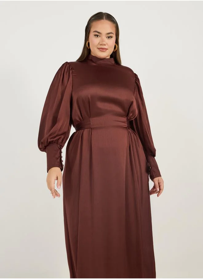 Styli Plus Size Satin Look Long Sleeves A-Line Maxi Dress with Pleated Detail