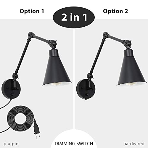 CADUKE Swing Arm Wall Lamp for Bedroom, Set of 2 Plug in Wall Light Fixture with Dimmable Switch, Industrial Metal Black Wall Reading Sconce for Living Room Farmhouse Hallway - Image 5