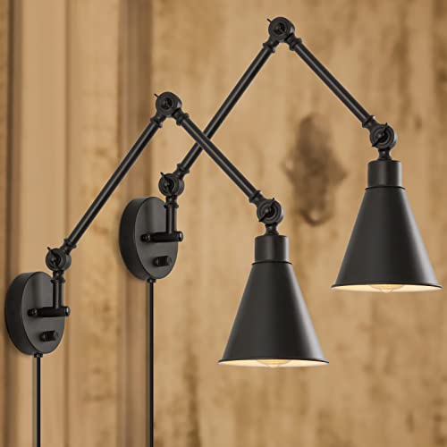 CADUKE Swing Arm Wall Lamp for Bedroom, Set of 2 Plug in Wall Light Fixture with Dimmable Switch, Industrial Metal Black Wall Reading Sconce for Living Room Farmhouse Hallway - Image 1
