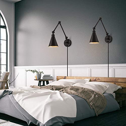 CADUKE Swing Arm Wall Lamp for Bedroom, Set of 2 Plug in Wall Light Fixture with Dimmable Switch, Industrial Metal Black Wall Reading Sconce for Living Room Farmhouse Hallway - Image 2