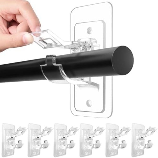 Antimbee 6-Pack No Drill Needed Curtain Rod Holders, Self Adhesive Rod Brackets, Multipurpose Nail-Free Stick on Curtain Rod Hooks Hangers for Dorm, Kitchen, Home, Bathroom, Transparent - Image 1