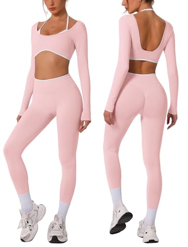ABOCIW Womens Workout Sets Seamless Color Block Backless Long Sleeve Crop Top Scrunch Butt Lifting High Waist Leggings 2 Piece Gym Set Yoga Pilates Outfits Pink Small - Image 1