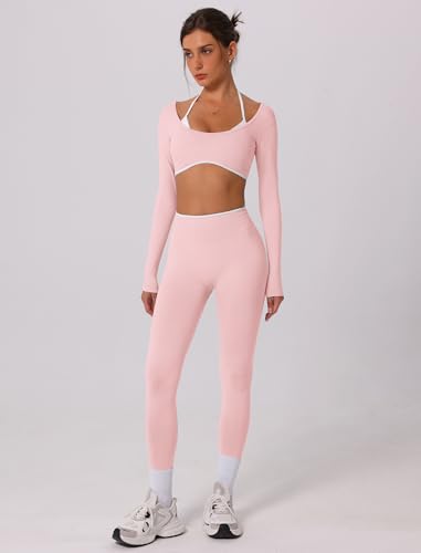 ABOCIW Womens Workout Sets Seamless Color Block Backless Long Sleeve Crop Top Scrunch Butt Lifting High Waist Leggings 2 Piece Gym Set Yoga Pilates Outfits Pink Small - Image 3