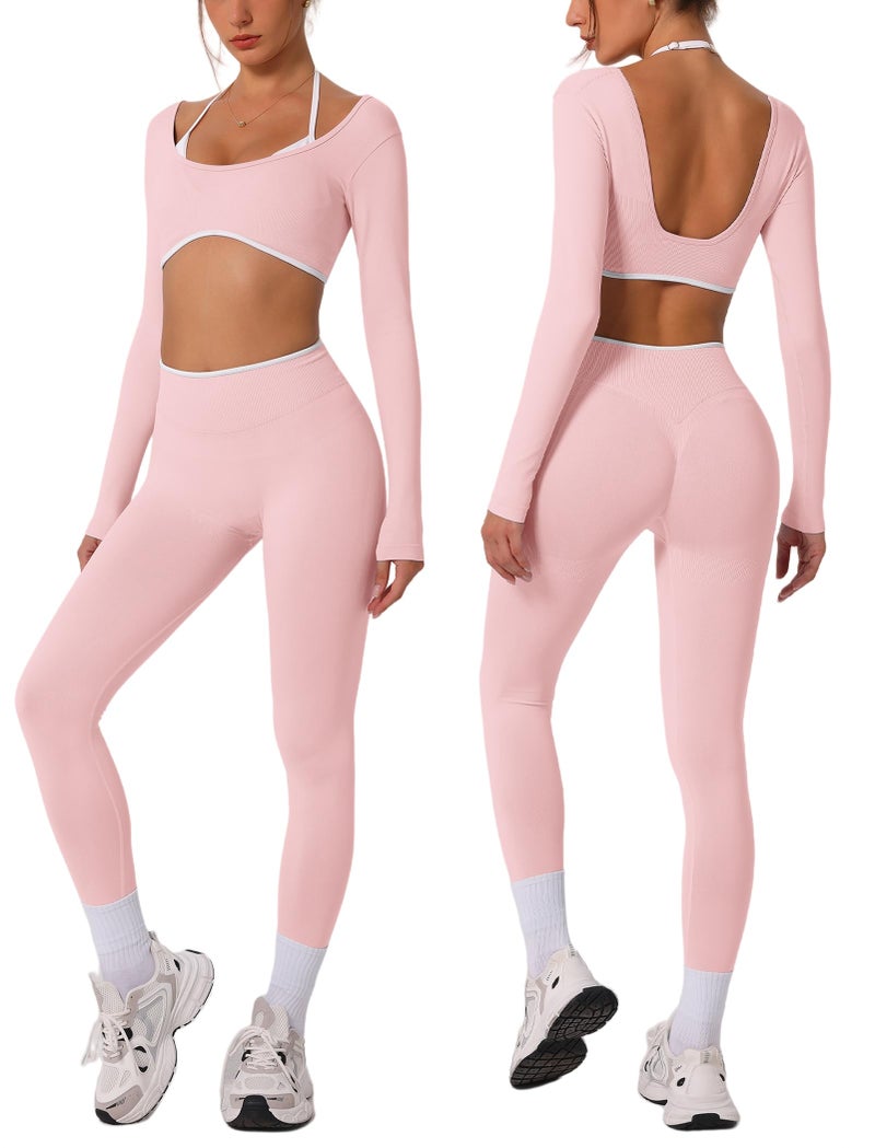 ABOCIW Womens Workout Sets Seamless Color Block Backless Long Sleeve Crop Top Scrunch Butt Lifting High Waist Leggings 2 Piece Gym Set Yoga Pilates Outfits Pink Small - Image 2