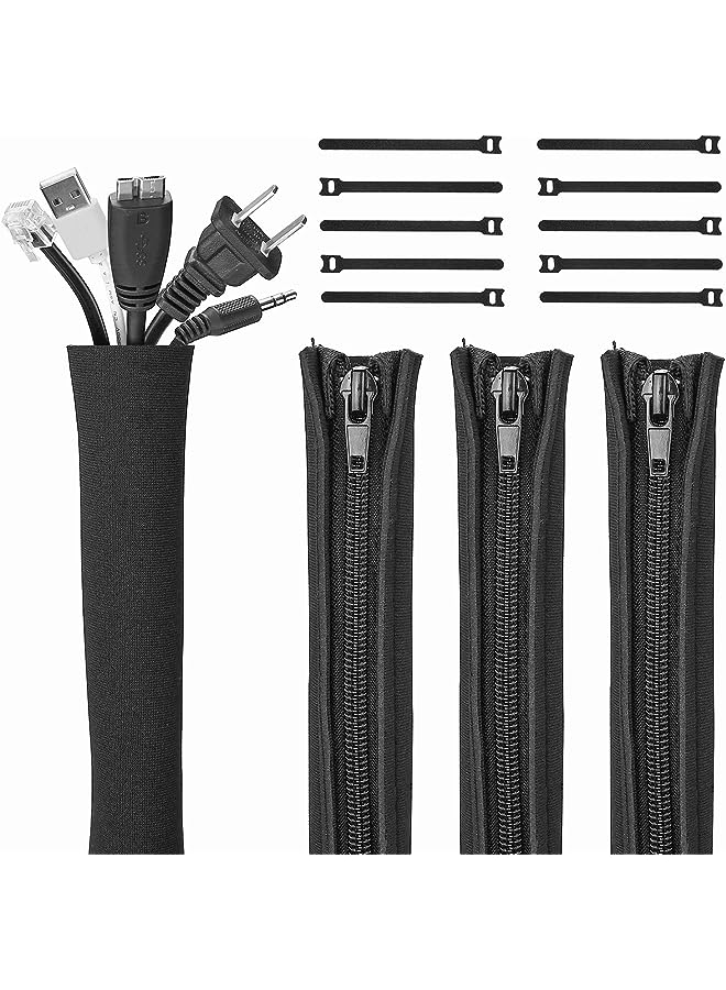 JOTO (4 Pack) Cable Management Sleeve with 10 Pieces Cable Tie, 20 inch Cord Organizer System with Zipper for TV/Computer/Home Entertainment, Flexible Cable Sleeve Wrap Cover -Black - Image 1