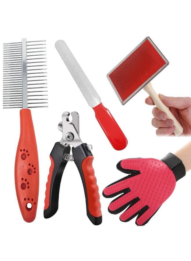 مجموعة من 5 في 1 للعناية بالكلاب، قفاز استحمام + مشط مزدوج الجانب + مقص أظافر + حشو أظافر + فرشاة تنظيف بمقبض خشبي للحيوانات الأليفة للكلاب والقطط - Image 1
