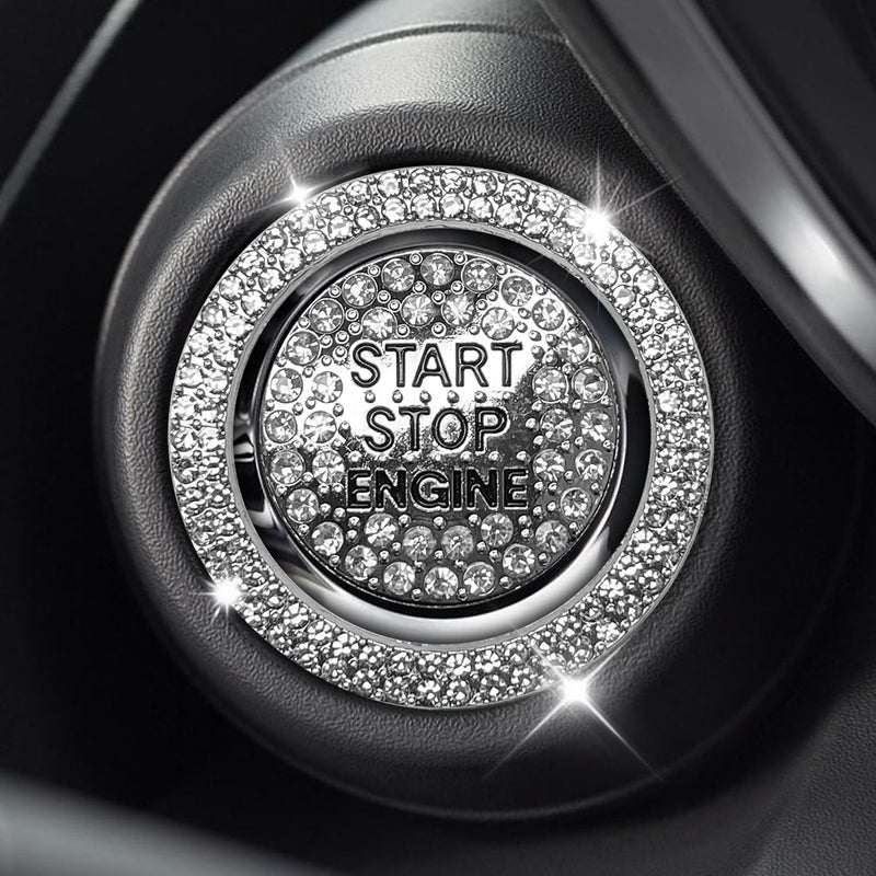 Eponcia 2PCS Rhinestone Push Start Button Cover Bling Car Accessories for Women Sparkly Diamond Push to Starter Stop Button Decorative Cover Key Ignition Knob Ring Crystal Emblem StickerWhite - Image 3