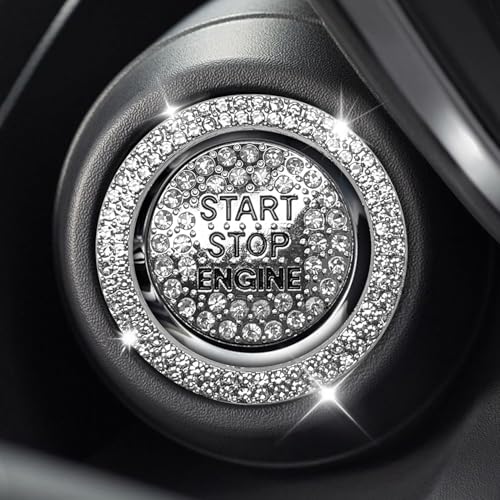 Eponcia 2PCS Rhinestone Push Start Button Cover Bling Car Accessories for Women Sparkly Diamond Push to Starter Stop Button Decorative Cover Key Ignition Knob Ring Crystal Emblem StickerWhite - Image 1