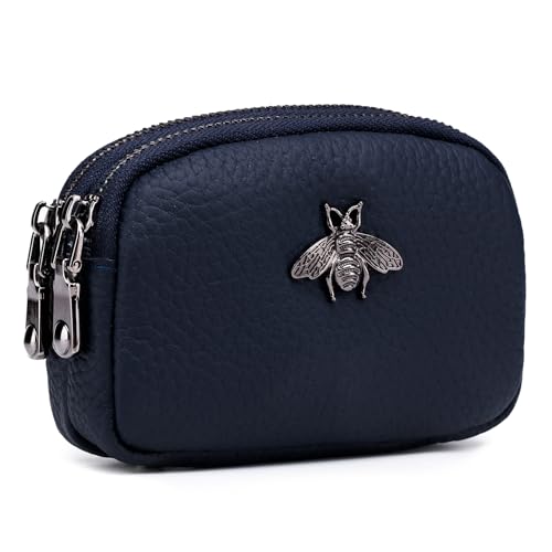 imeetu Women Leather Coin Purse, Small 2 Zippered Change Pouch Wallet(Blue) - Image 1