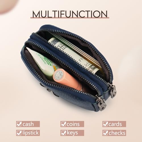 imeetu Women Leather Coin Purse, Small 2 Zippered Change Pouch Wallet(Blue) - Image 2