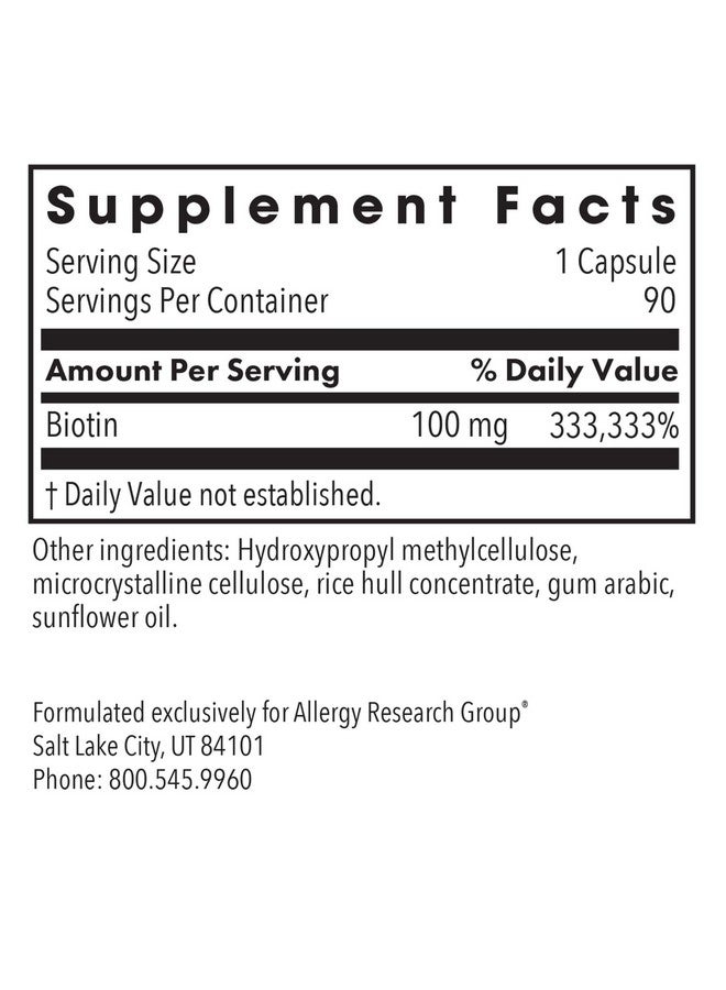 Allergy Research Group HiBiotin Supplement - Extra Strength Biotin Pills, 100,000mcg Biotin, High Dose Biotin, Vegetarian Capsules, Hypoallergenic, Gluten Free - 90 Count - Image 3