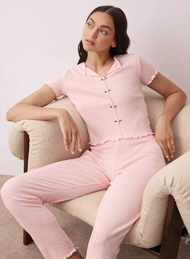 trendyol Pink Collar and Baby Overlock Detailed Floral Accessories Ribbed Knitted Pajama Set - Image 2