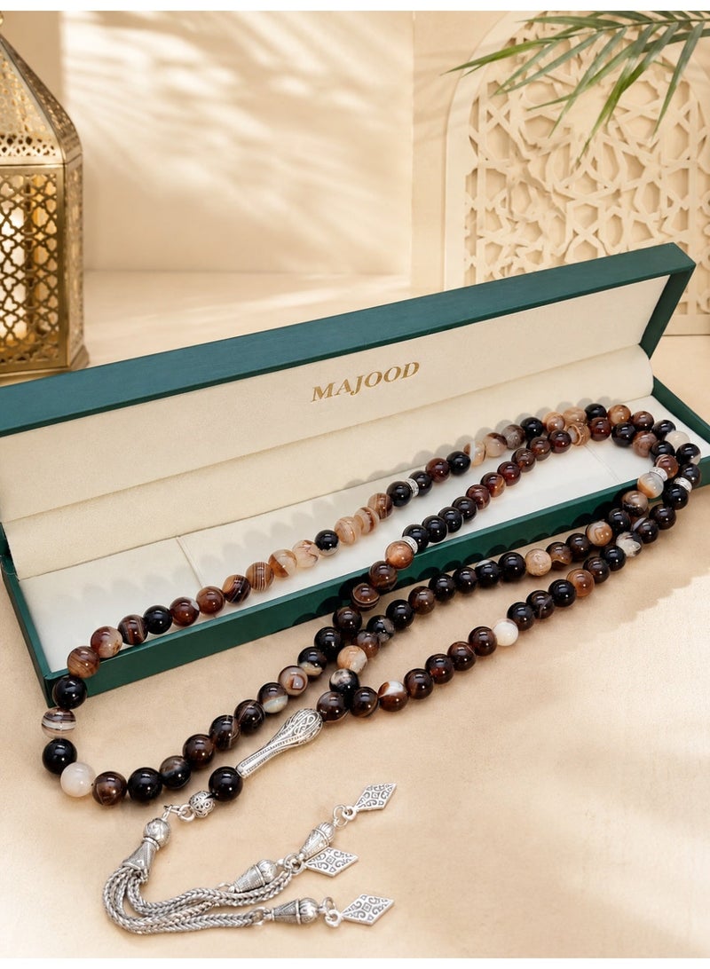 موجود MAJOOD/99 حبات صلاة من العقيق بنمط قهوة الموكا الحقيقية/تسبيح/8 مم/للرجال والنساء - Image 2