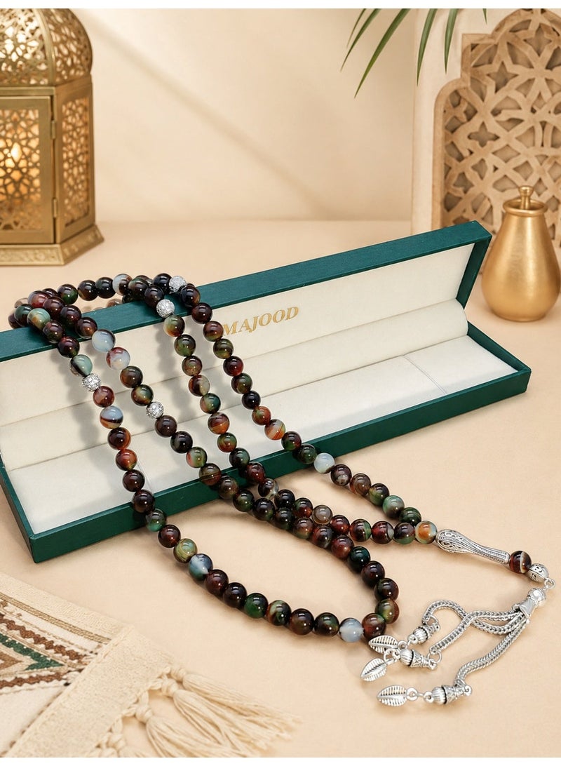 موجود MAJOOD/99 حبات صلاة من العقيق بنمط قهوة الموكا الحقيقية/تسبيح/8 مم/للرجال والنساء - Image 4