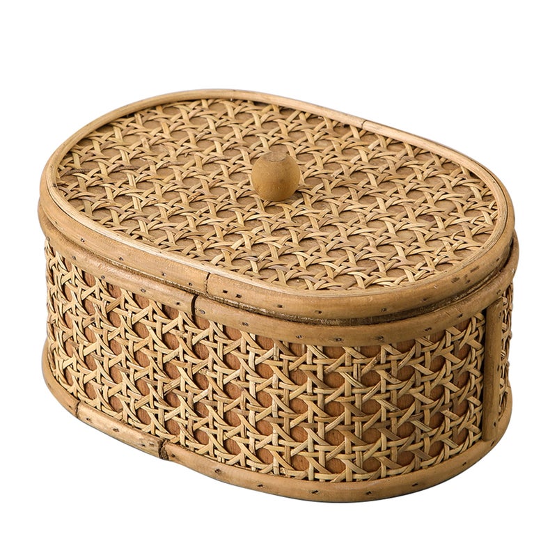 SOFE Rattan Decorative Box with Lid, Small Oval Box for Storage, Hand-Woven Display Boxes for Organizing Jewelry, Candies, Snacks, Keys, Farmhouse & Boho & Modern Home Decor, Dresser Decor - Image 1